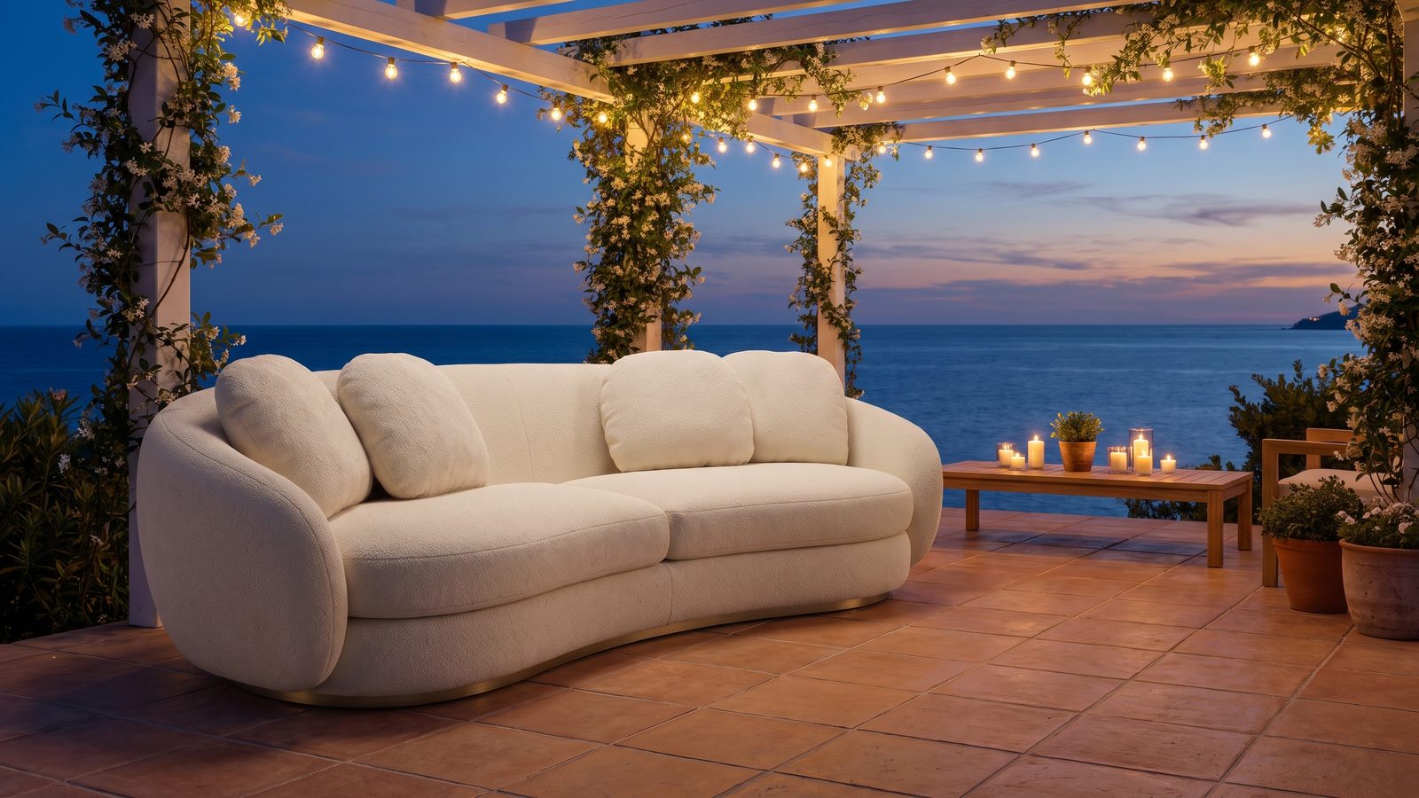 Lo stesso divano configurato su una terrazza mediterranea sul mare al crepuscolo, render Showefy AI