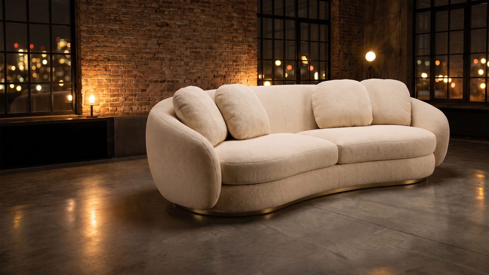 Lo stesso divano configurato in un loft industriale notturno con luce cinematografica, render Showefy AI