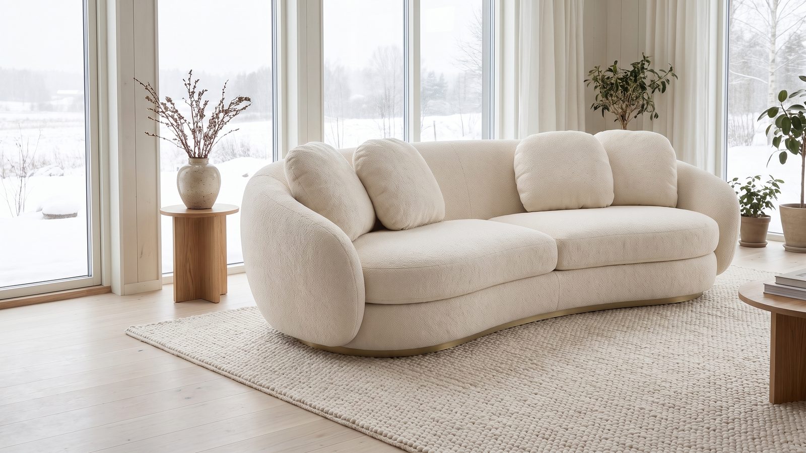 Lo stesso divano configurato in un interno nordico con luce diffusa invernale, render Showefy AI