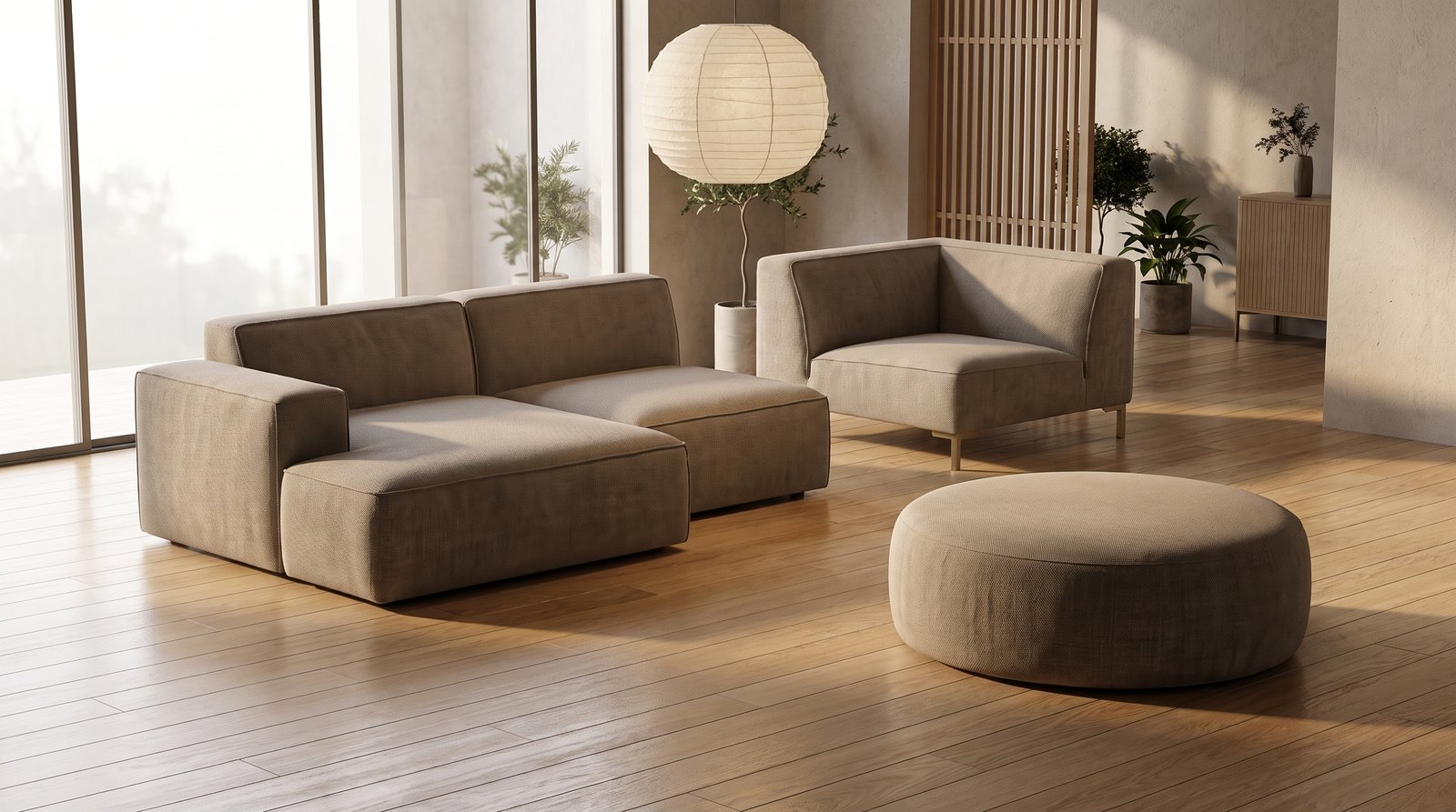 Render fotorealistico Showefy AI: divano modulare a tre isole con pouf in un living japandi al mattino