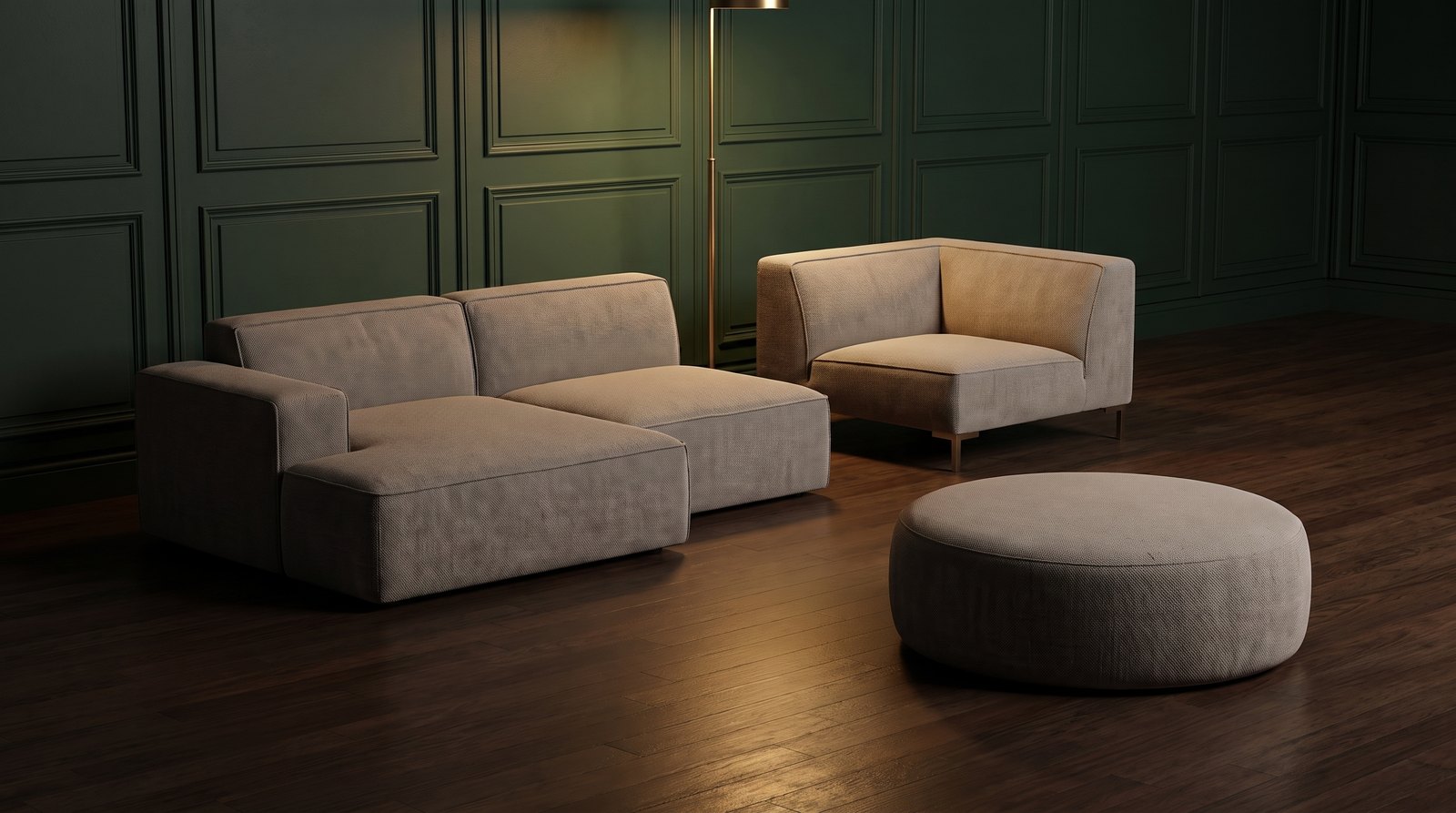 Render fotorealistico Showefy AI: la stessa composizione modulare in un salotto verde bosco alla sera