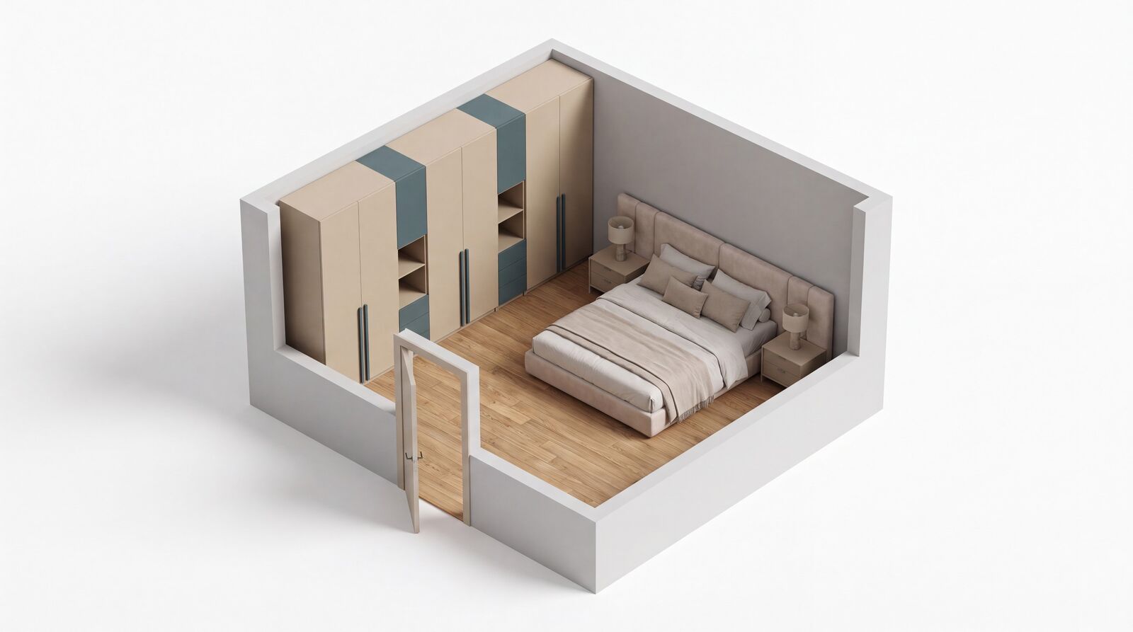 Camera da letto in pianta 3D con pareti, porta, finestra e letto, base per comporre l'armadio su misura