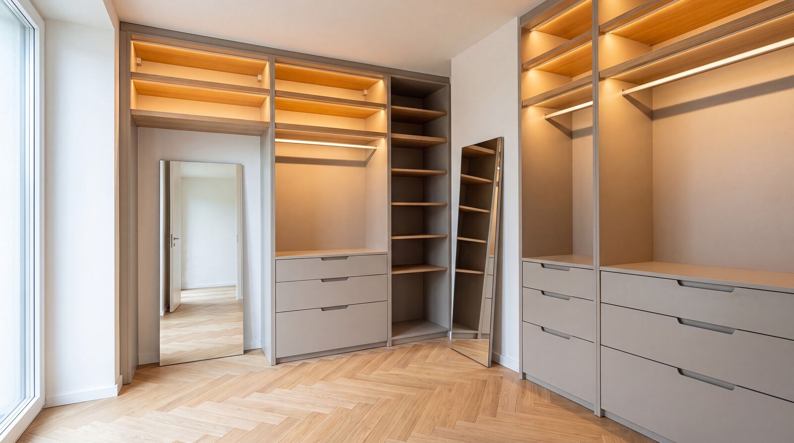 Cabina armadio componibile ad angolo a tutta altezza, render Showefy MTM